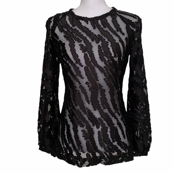 Hilton Hollis- NWT Black Sheer Tiger Print Velvet Burnout Longsleeve Top - Picture 1 of 12